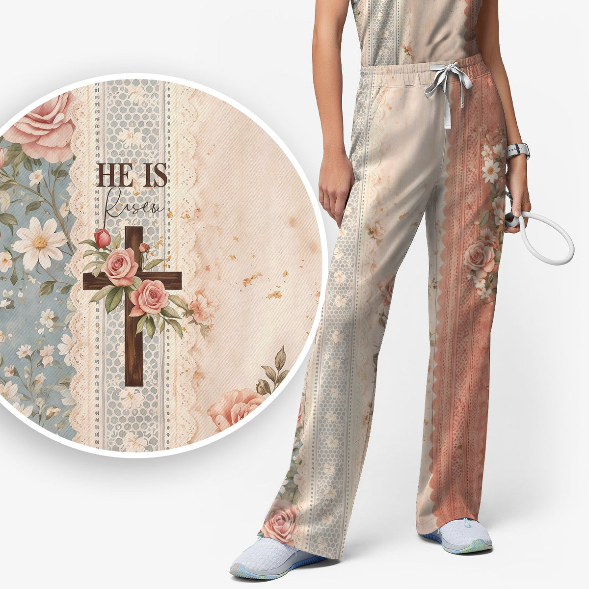 Christian Cross Rose He Is Risen Nurse Scrub Set