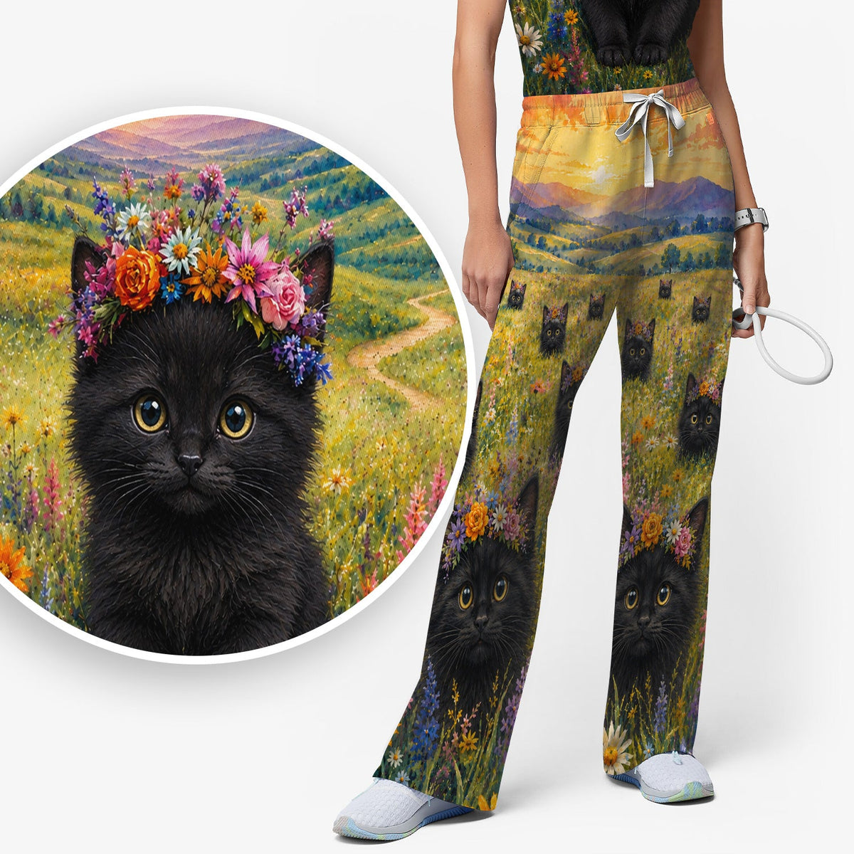 Black Kitten Flower Meadow Nurse Scrub Set
