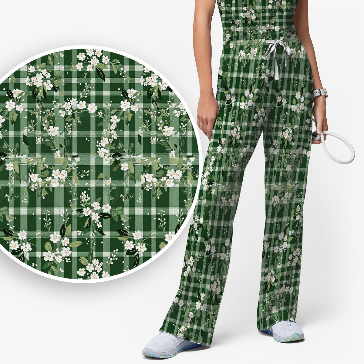 Green Gingham Floral Nurse Scrub Set