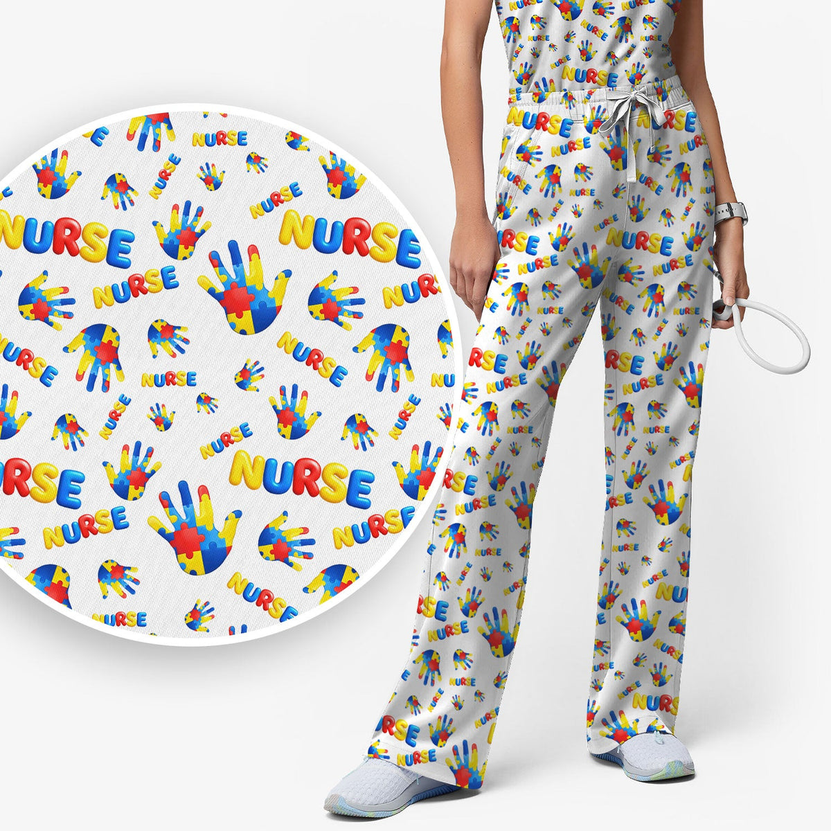 Colorful Autism Handprint Nurse Scrub Set
