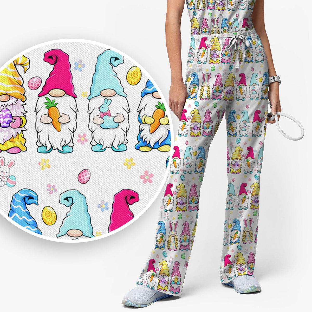 Colorful Easter Gnome Bunny Eggs Nurse Scrub Set