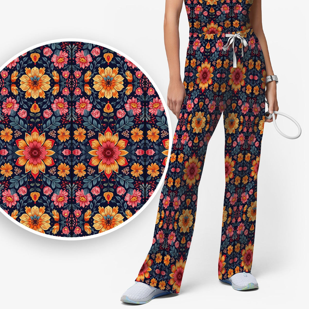 Elegant Dark Floral Nurse Scrub Set