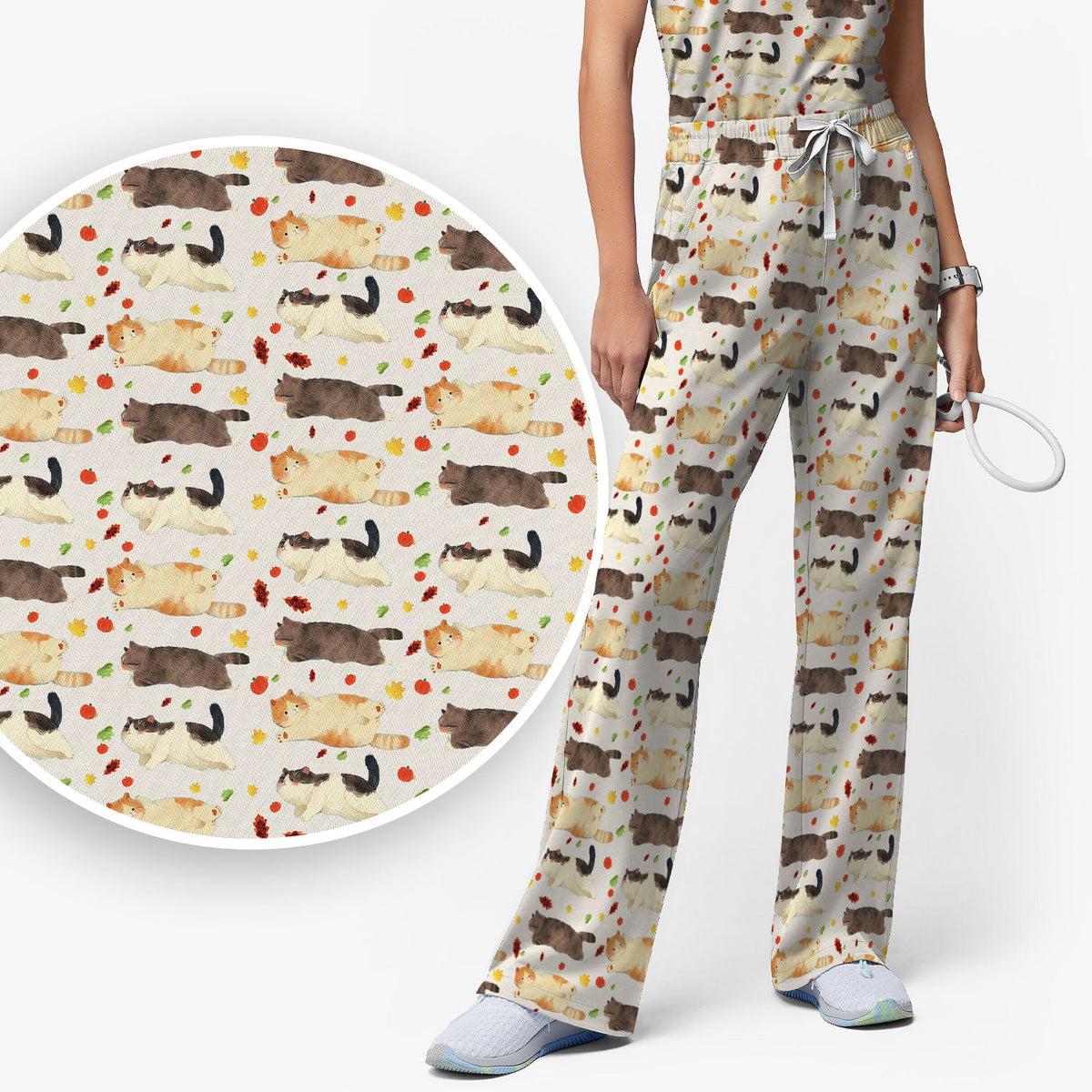 Chubby Cat Autumn Leaves Nurse Scrub Set