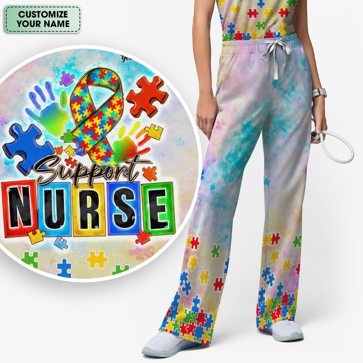 Personalized Autism Awareness Nurse Scrub Set
