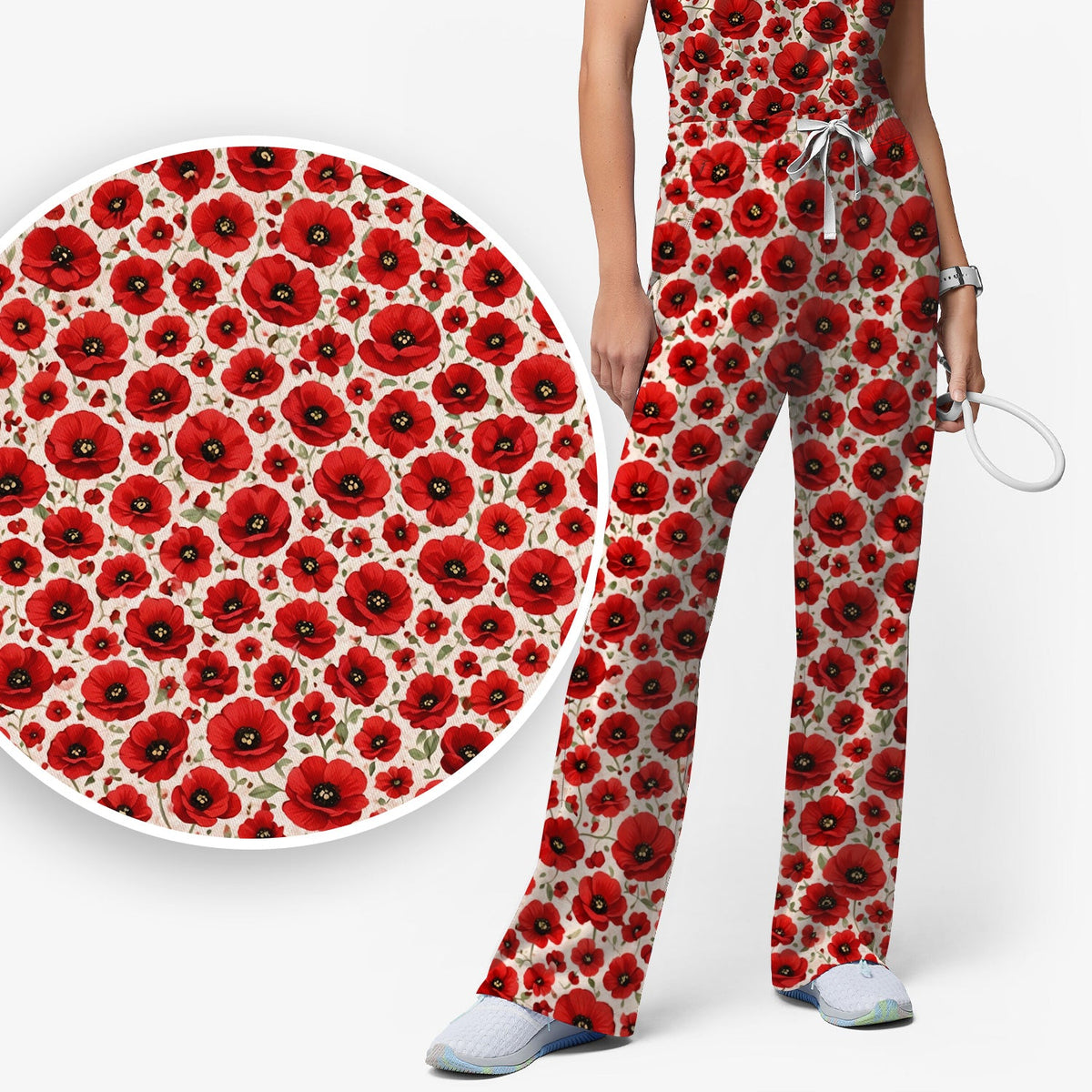 Red Poppy Flower Garden Nurse Scrub Set