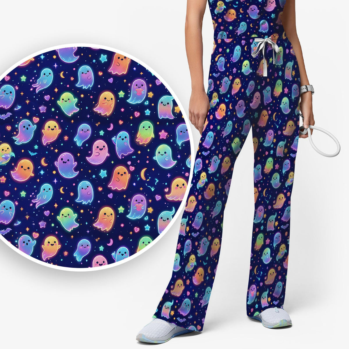 Neon Halloween Ghosts Nurse Scrub Set