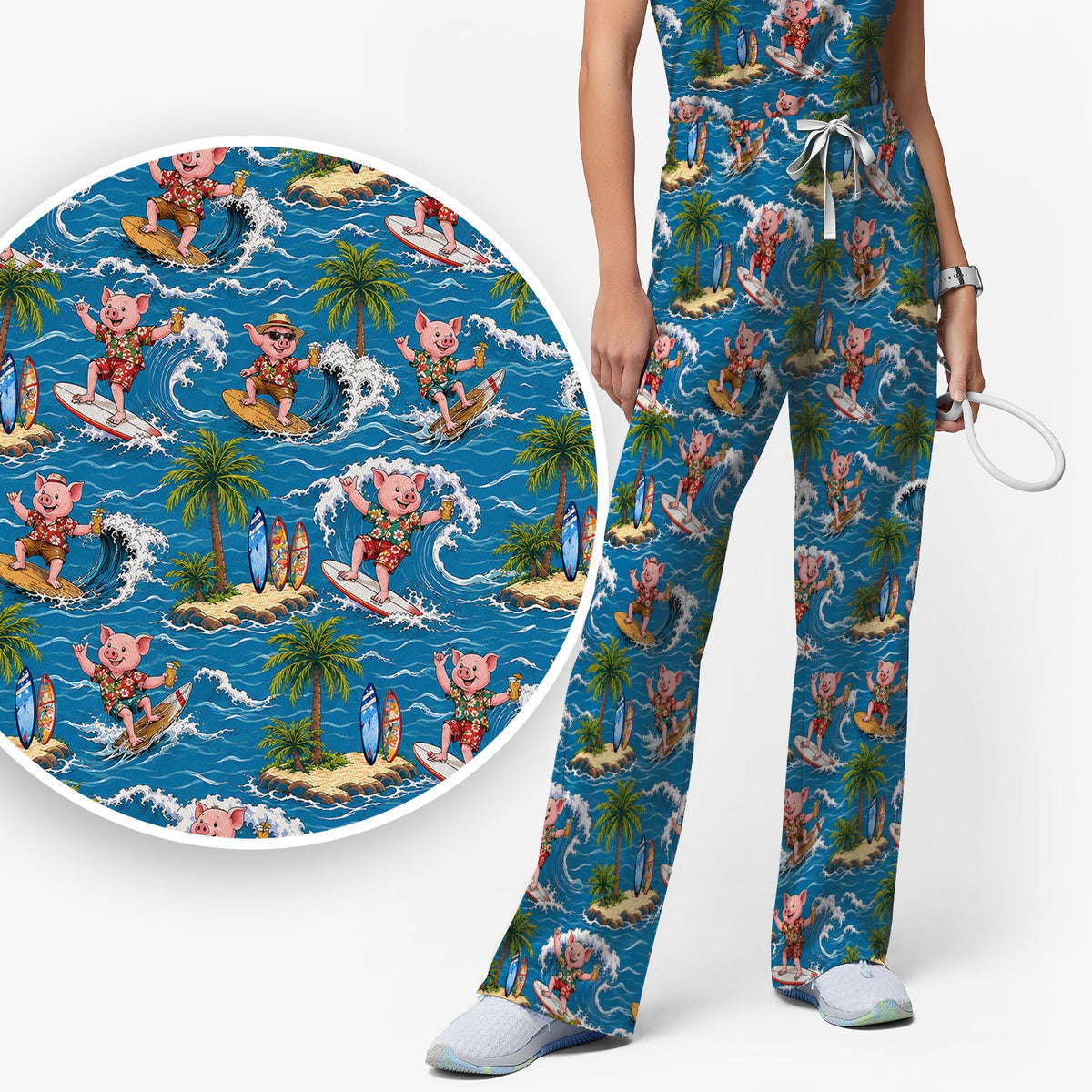 Tropical Surfing Pig Island Nurse Scrub Set