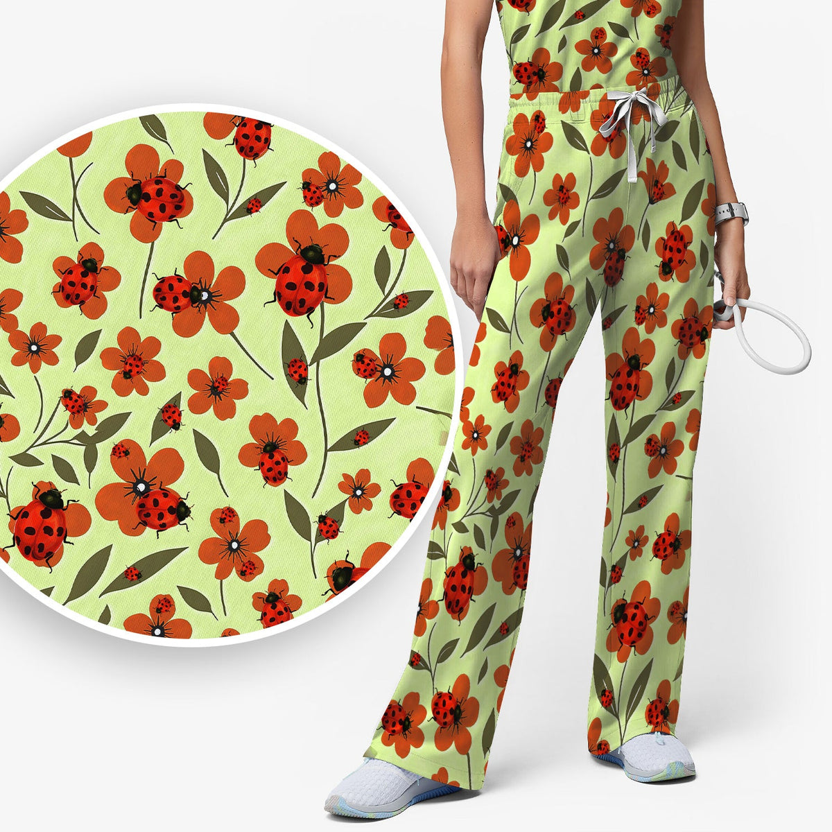 Ladybug Orange Floral Garden Nurse Scrub Set