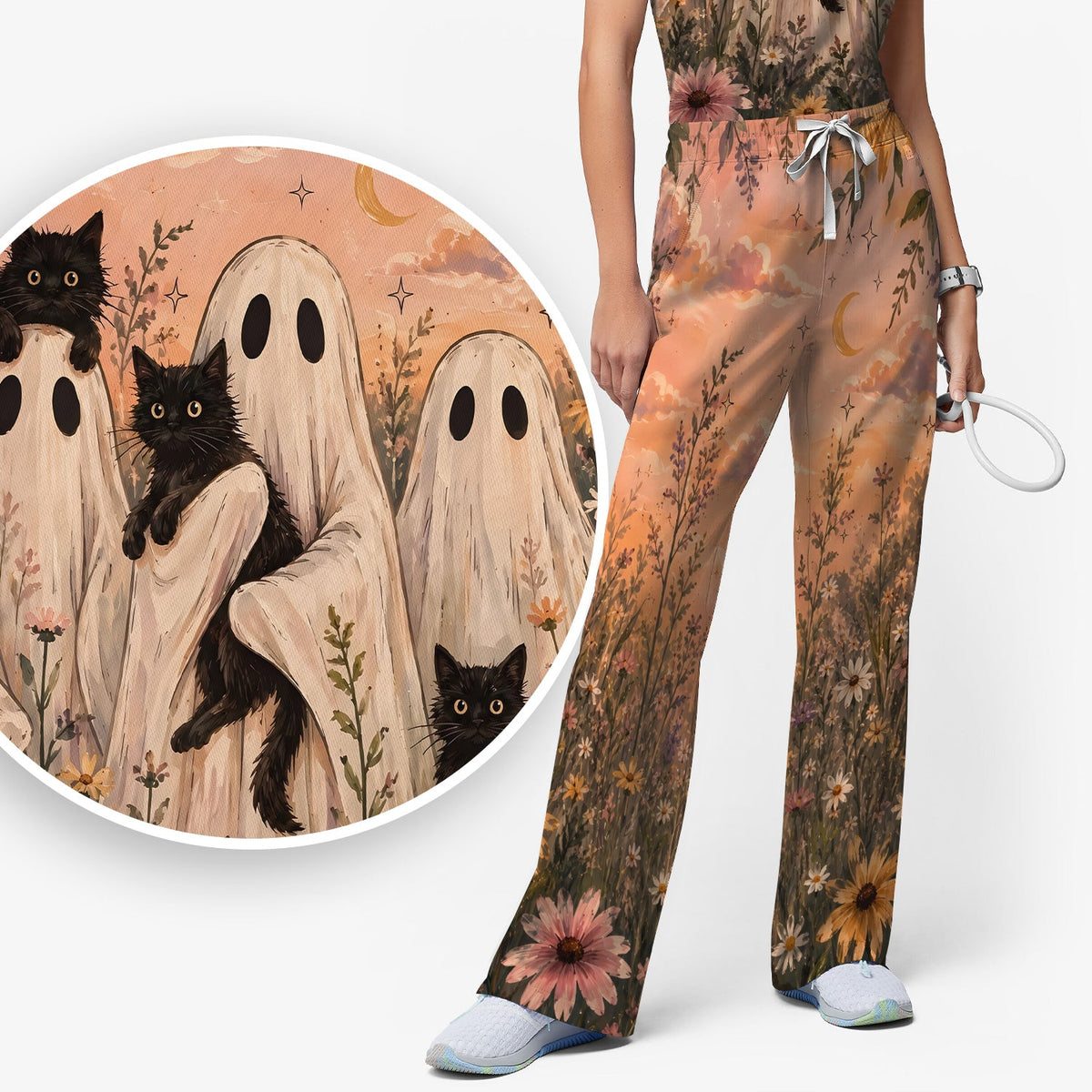 Ghosts Black Cats Nurse Scrub Set - Halloween Gift