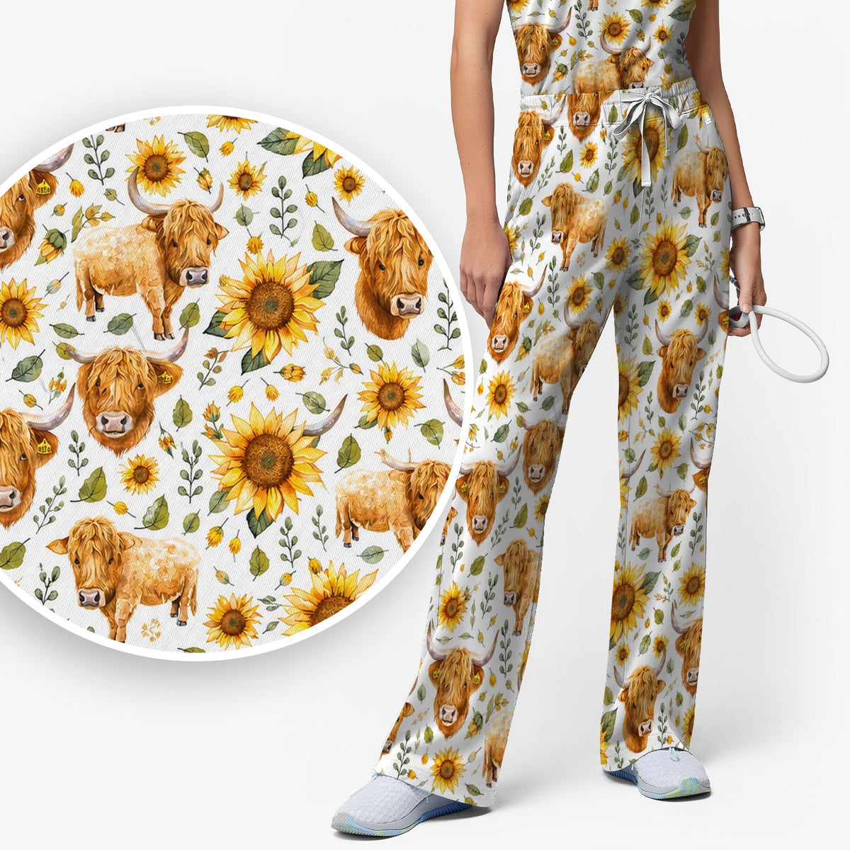 Highland Cow Sunflower Pattern Nurse Scrub Set