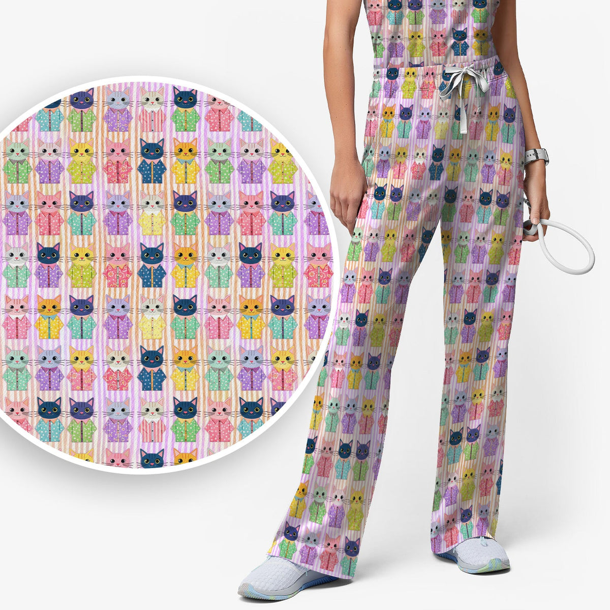 Cat Pajama Print Nurse Scrub Set