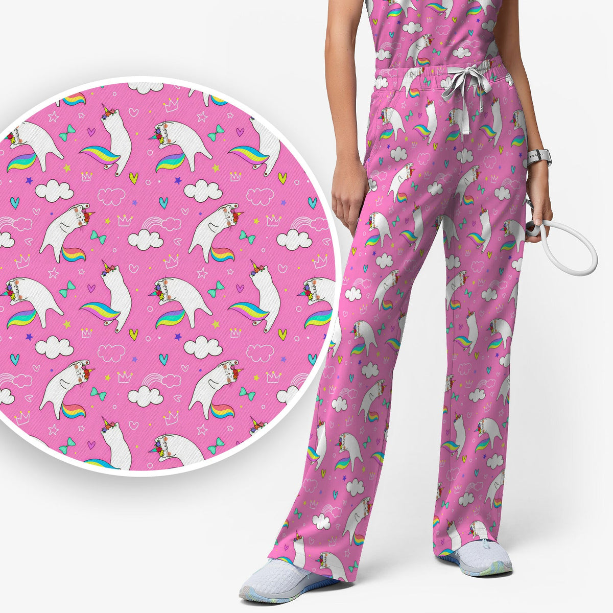 Unicorn Cat Rainbow Tail Clouds Nurse Scrub Set