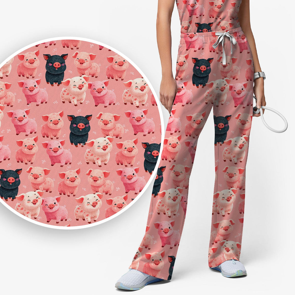 Funny Farm Pig Cartoon Pattern Scrub Set, Nurse Uniform Scrubs Set