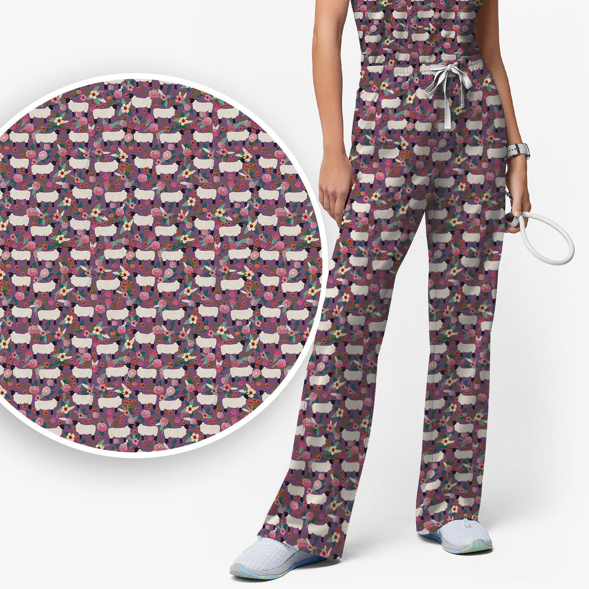 Sheep Floral Meadow Nurse Scrub Set