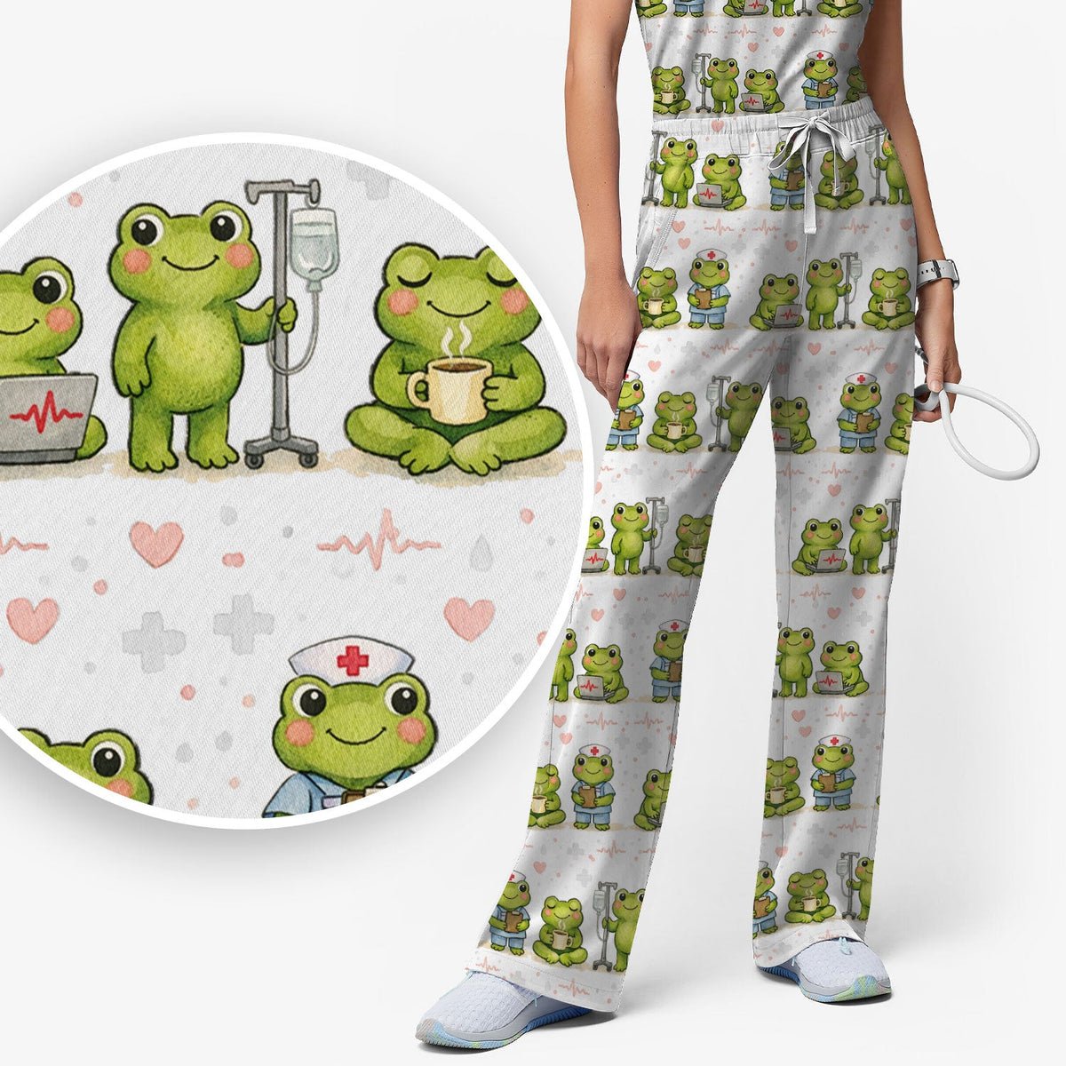Adorable Frog Various Poses Nurse Scrub Set