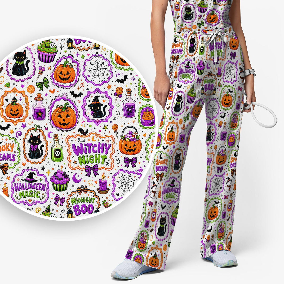 Halloween Black Cats Pumpkins Nurse Scrub Set