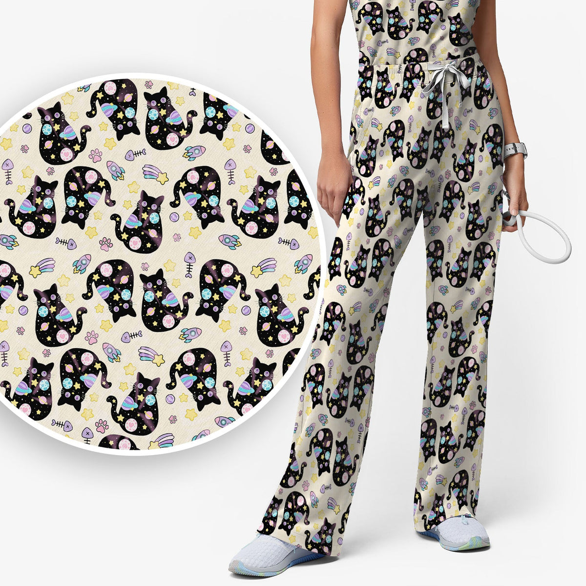 Black Cat Galaxy Space Nurse Scrub Top