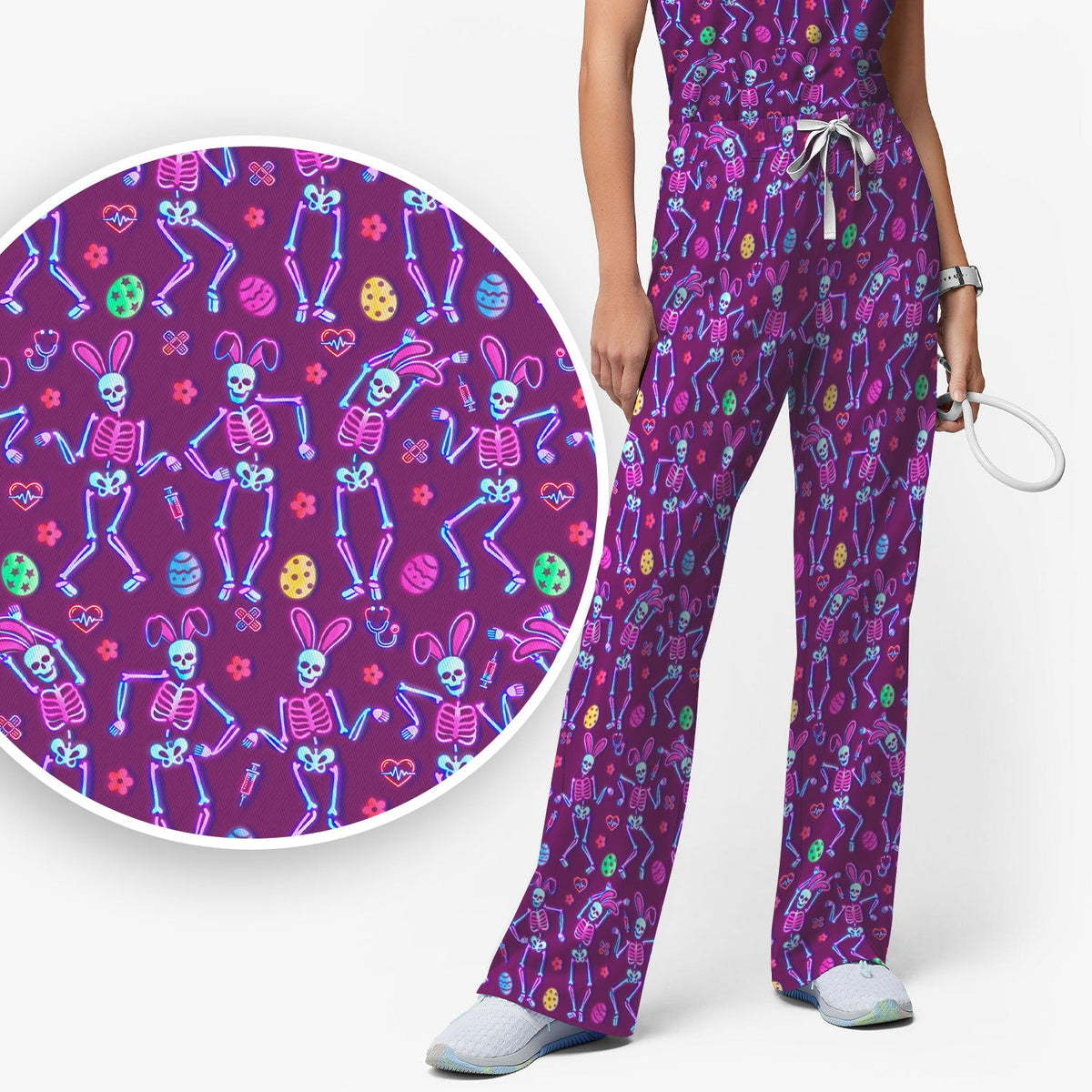 Neon Easter Skeleton Print Scrub Set, Scrub Pants and V Neck Top