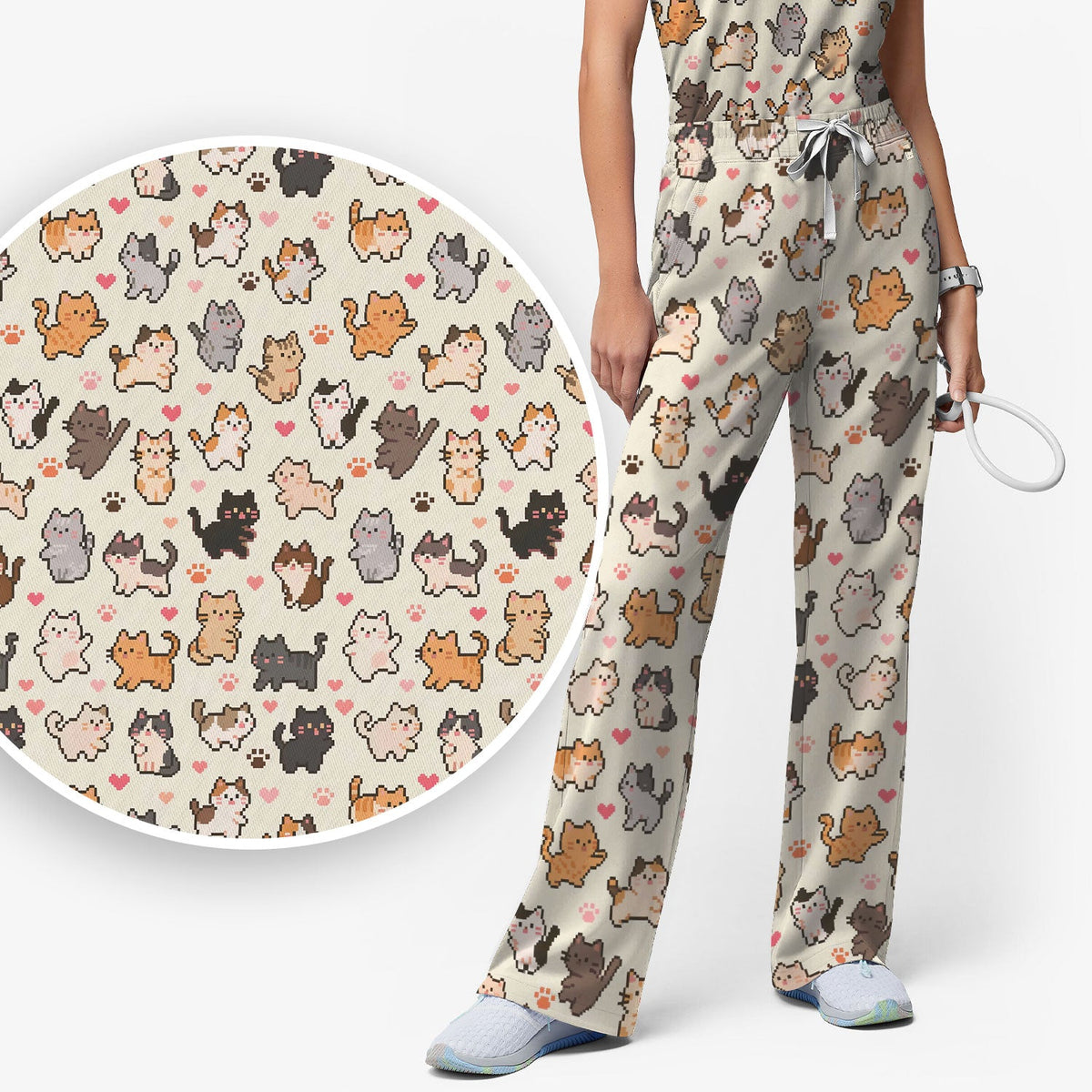 Pixel Cat Heart Paw Nurse Scrub Set
