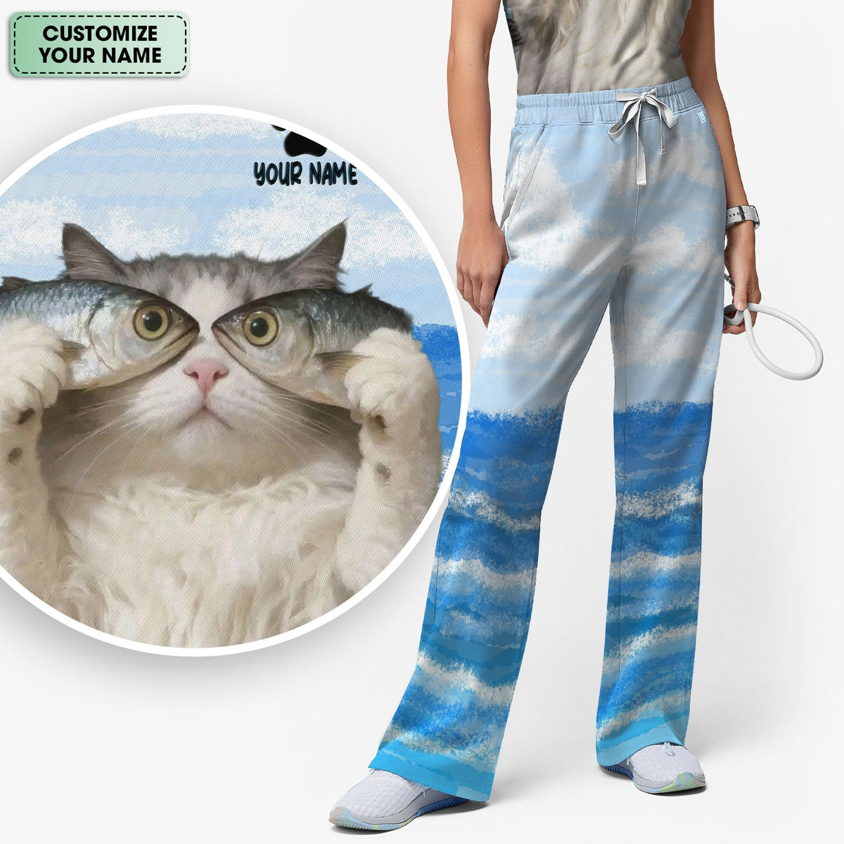 Personalized Cat Holding Fish Nurse Scrub Set