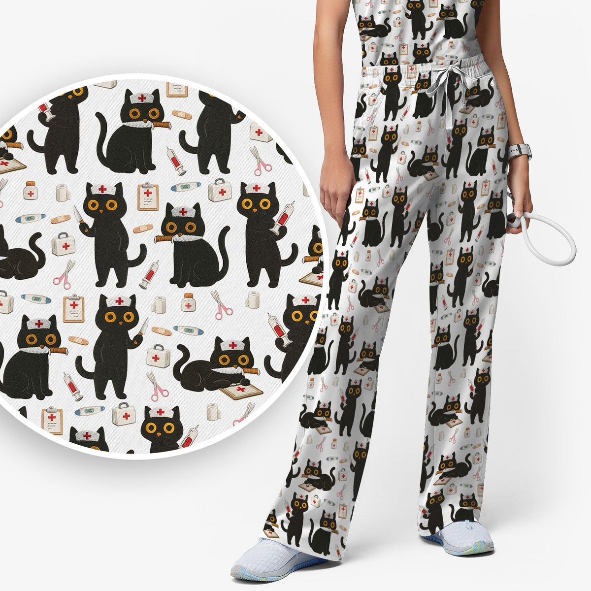 Cute Teal Black Cat Nurse Scrub Set
