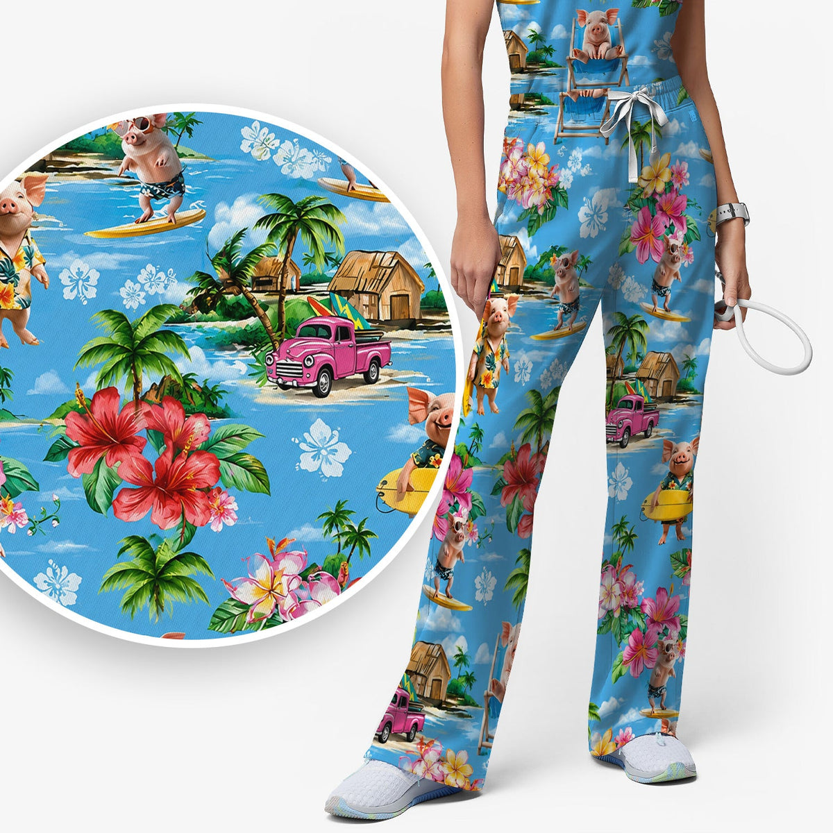 Tropical Surfing Pig Beach Nurse Scrub Set