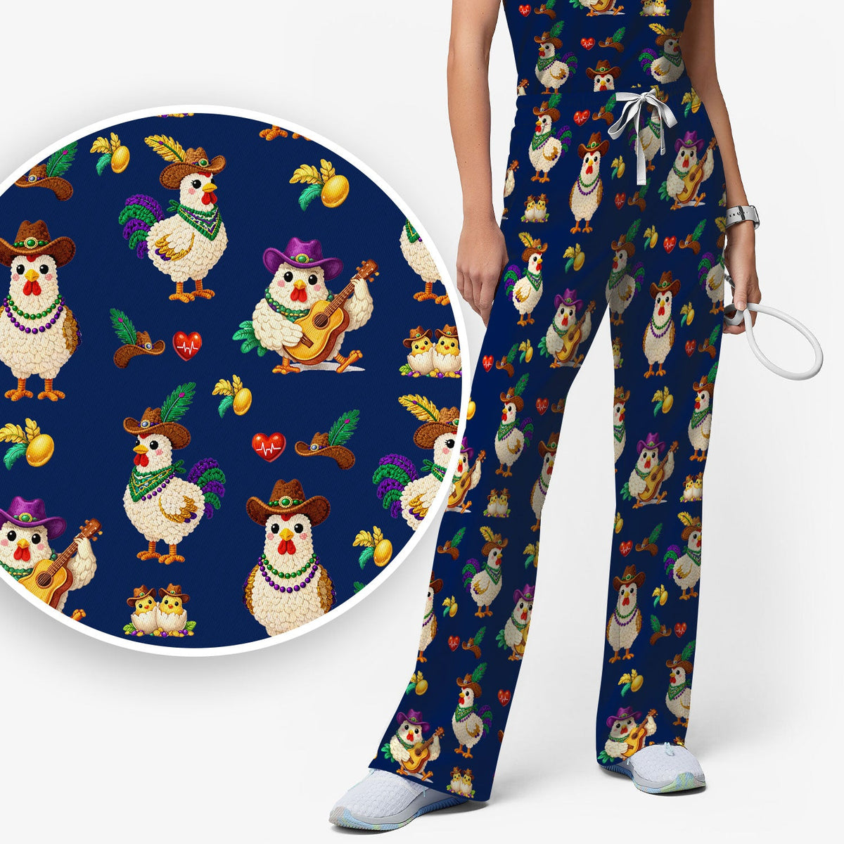 Mardi Gras Rooster Cowboy Nurse Scrub Set