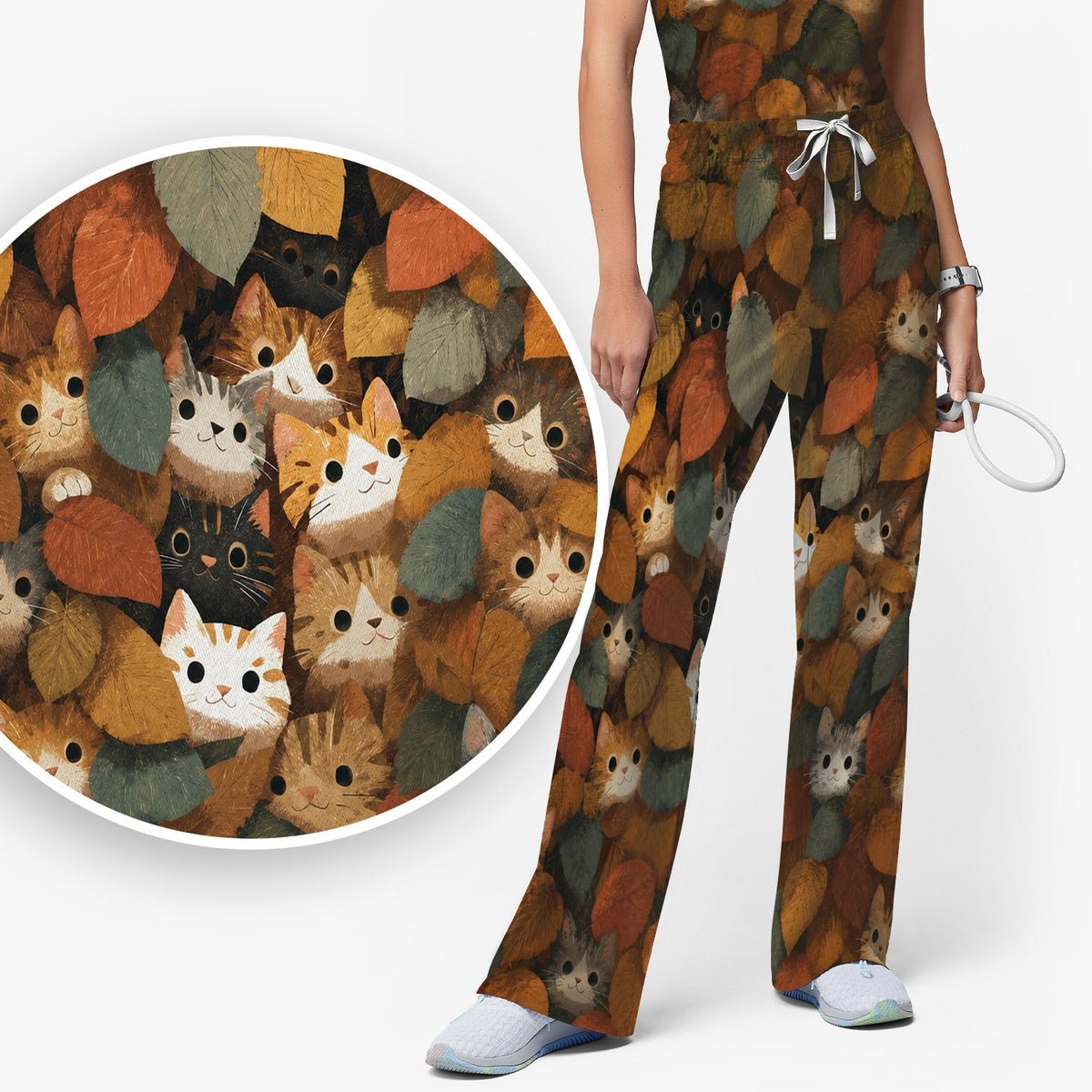 Cute Autumn Cat Leaf Pile Nurse Scrub Set