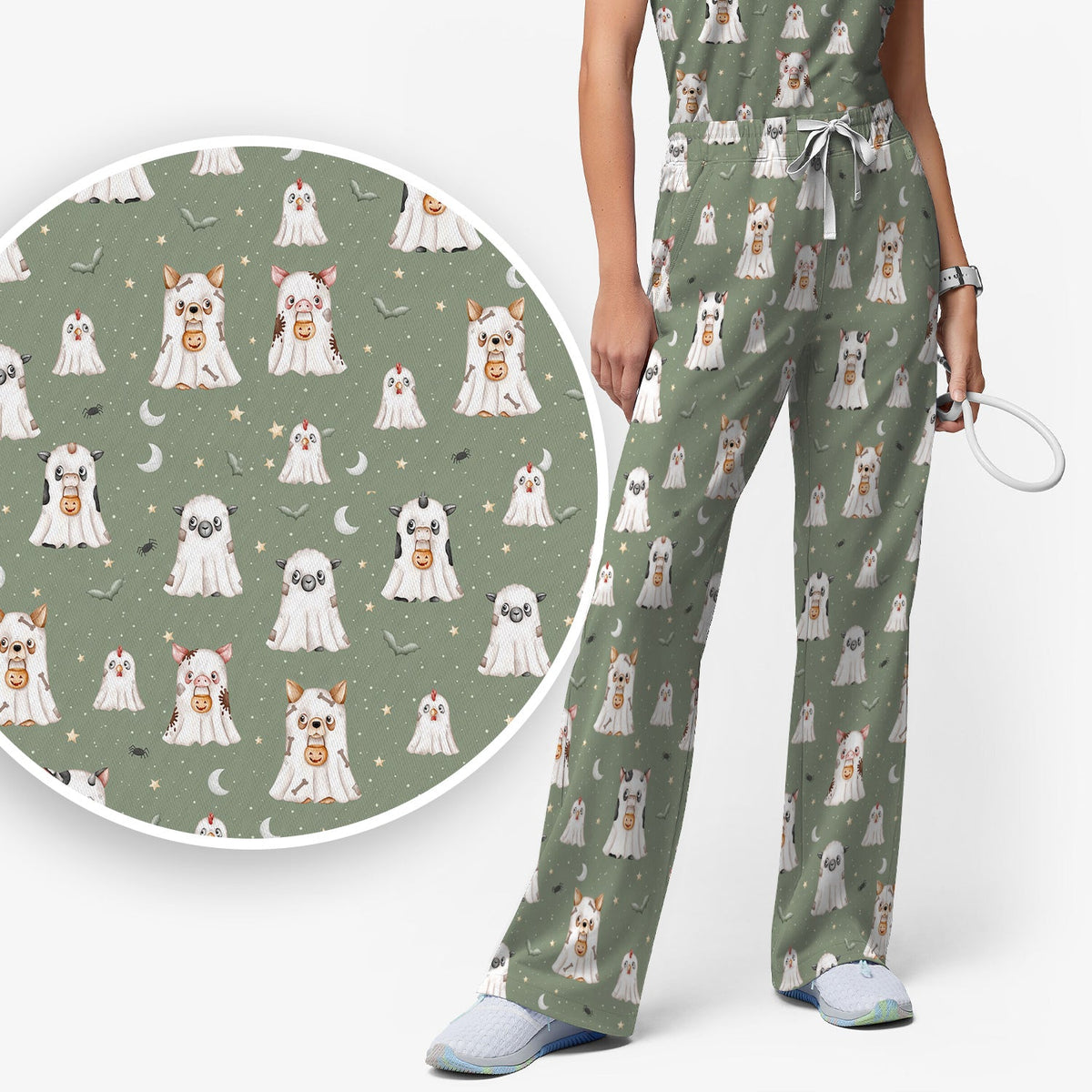 Spooky Farm Animal Ghost Nurse Scrub Set