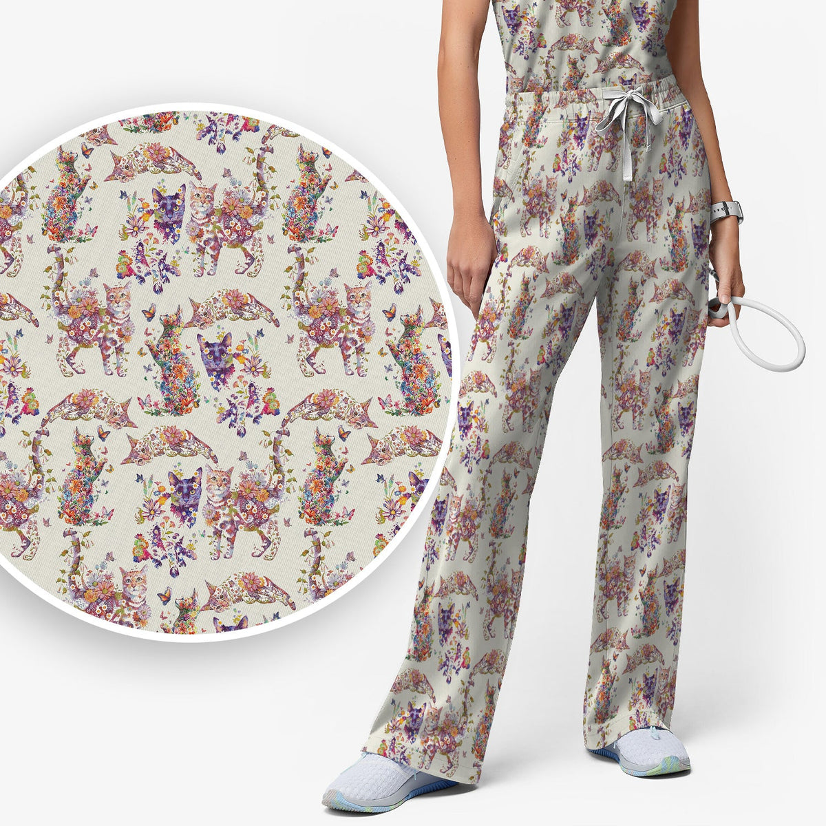 Whimsical Floral Cat Garden Nurse Scrub Set