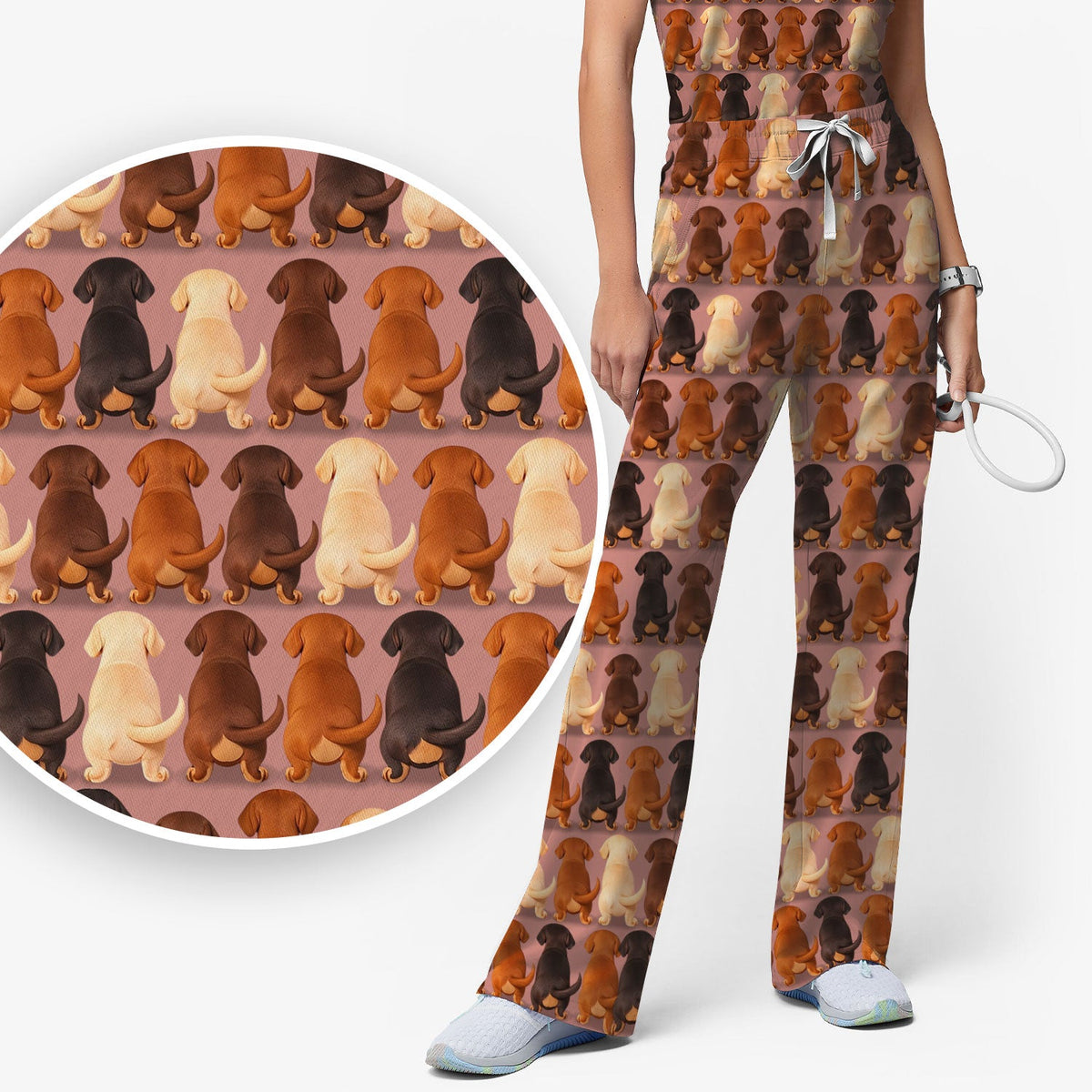 Scrub Set: Cute Dachshund Butt Pattern All Over Print Scrubs Set, Breathable Med Uniform