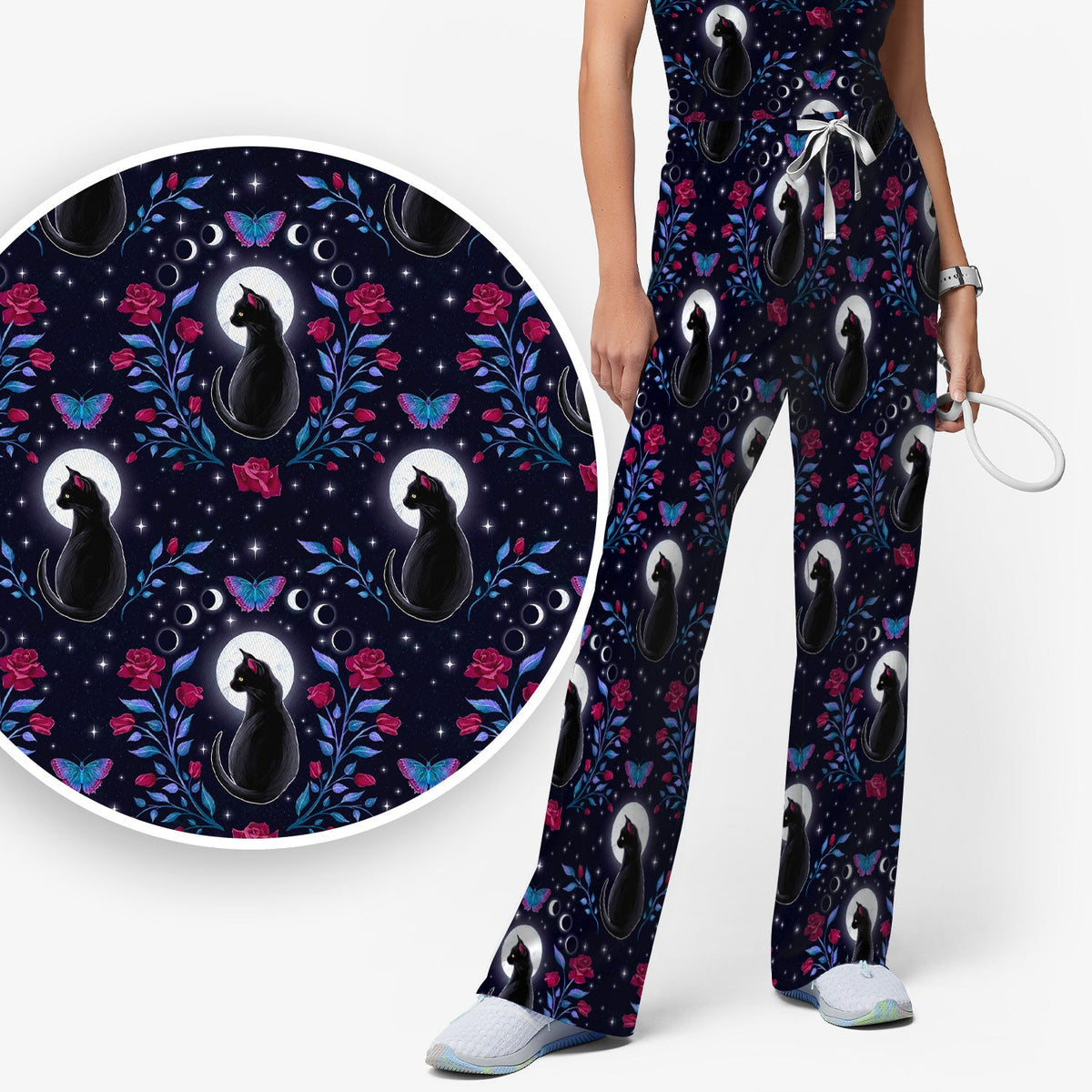 Black Cat Moon Rose Nurse Scrub Set