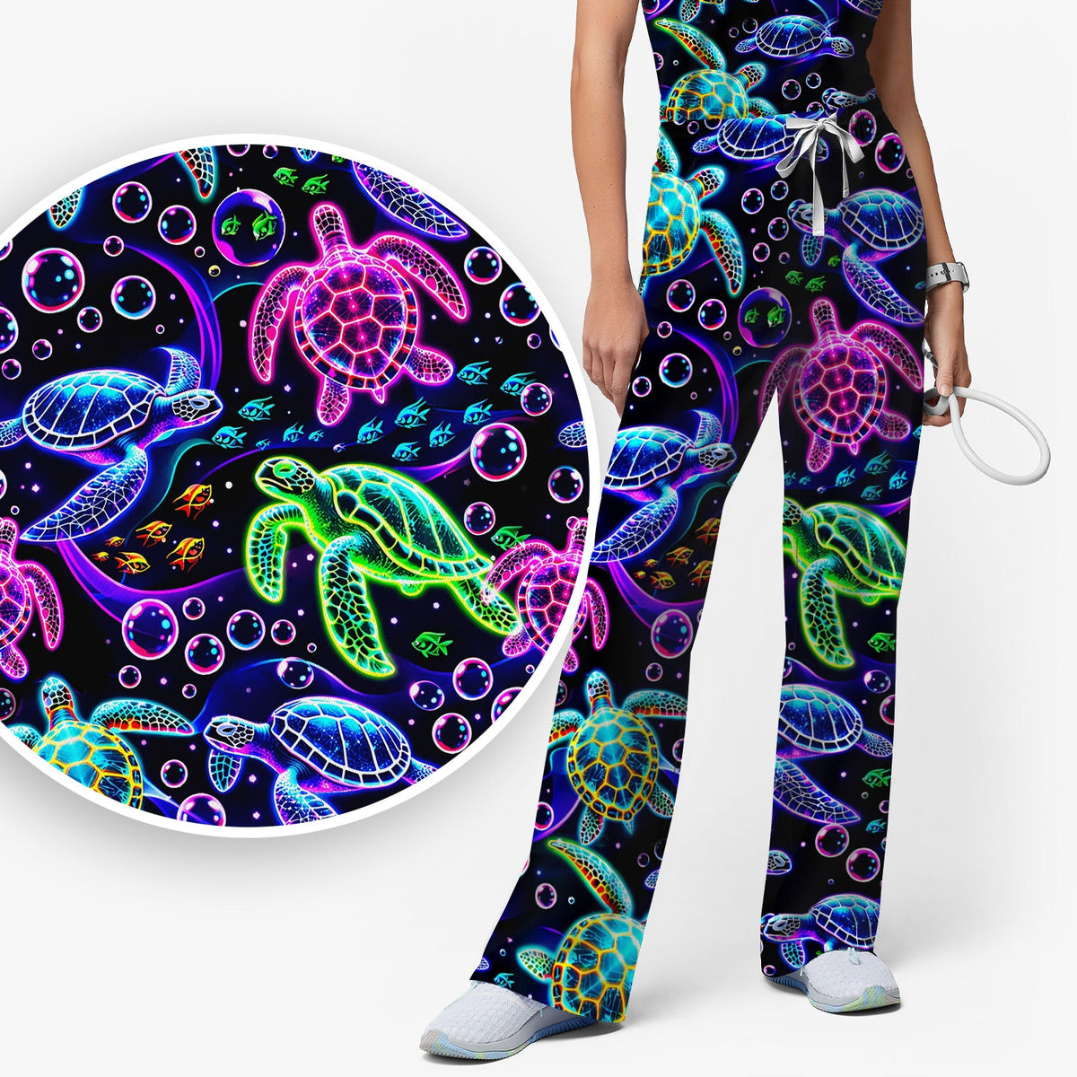 Neon Sea Turtle Swimming Bubble Ocean Scrub Set, Scrub Pants and V Neck Top