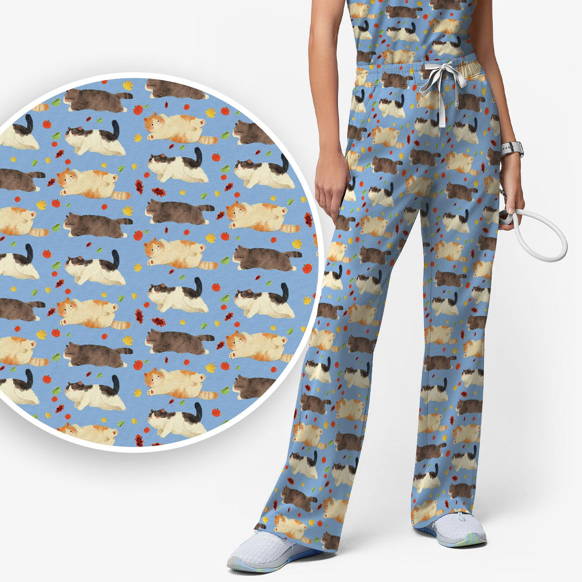 Chubby Cat Autumn Leaves Nurse Scrub Set