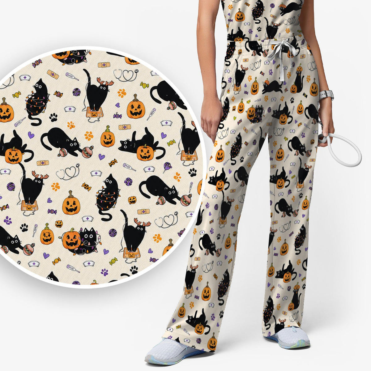 Pumpkin Black Cat Nurse Scrub Set