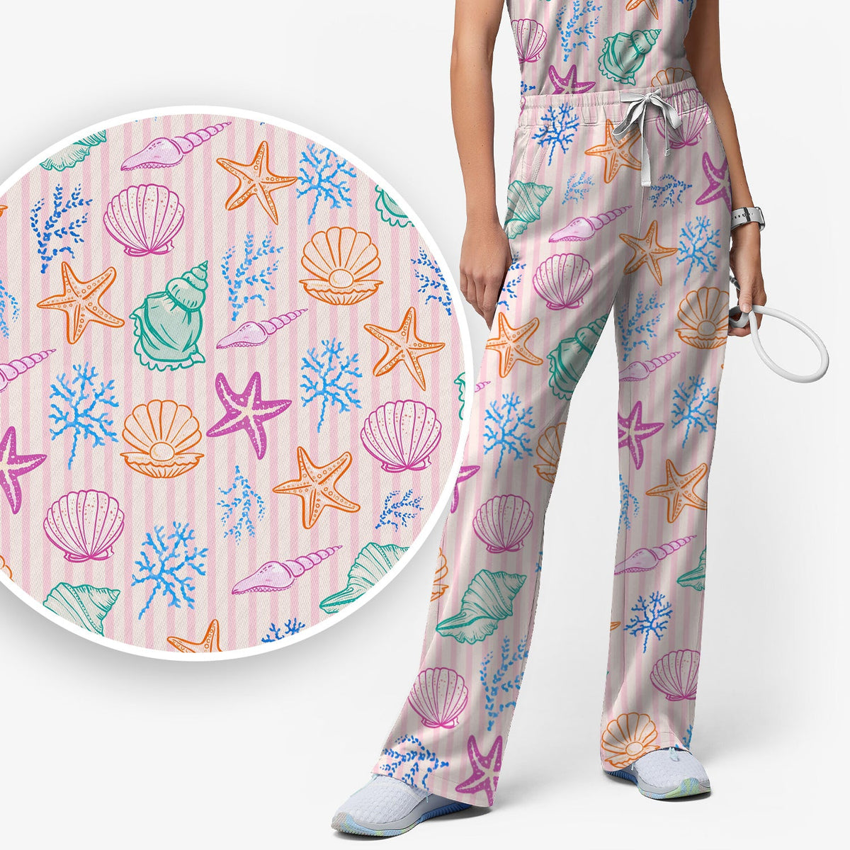 Colorful Seashell Starfish Ocean Stripe Nurse Scrub Set