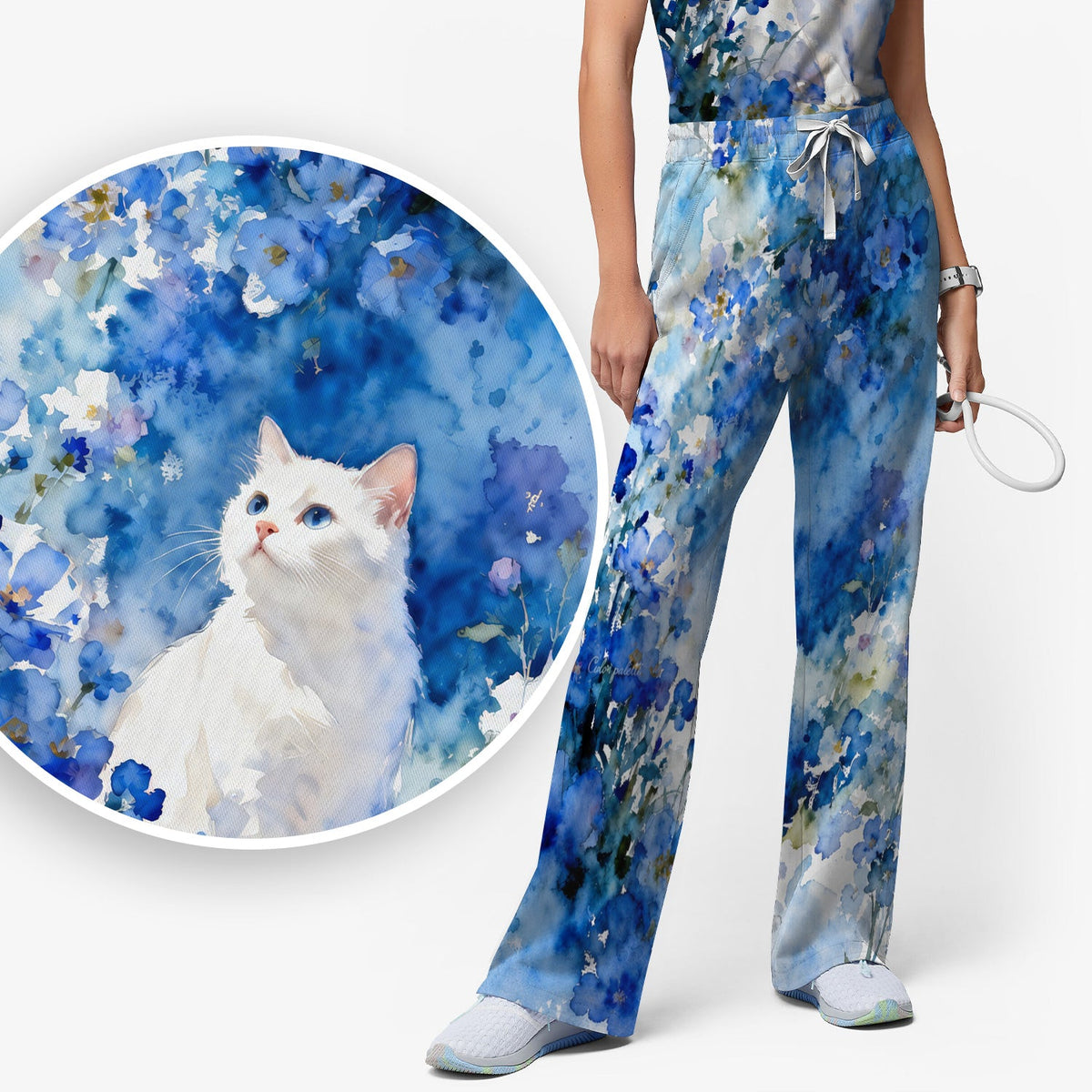 Adorable Blue Floral White Cat Nurse Scrub Set