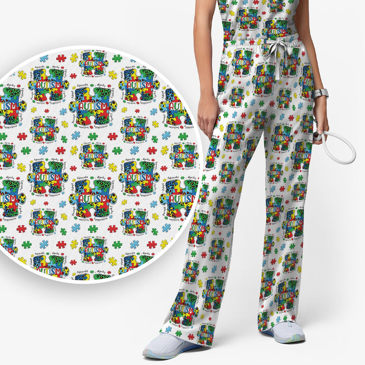 Autism Awareness Puzzle Black White Nurse Scrub Set