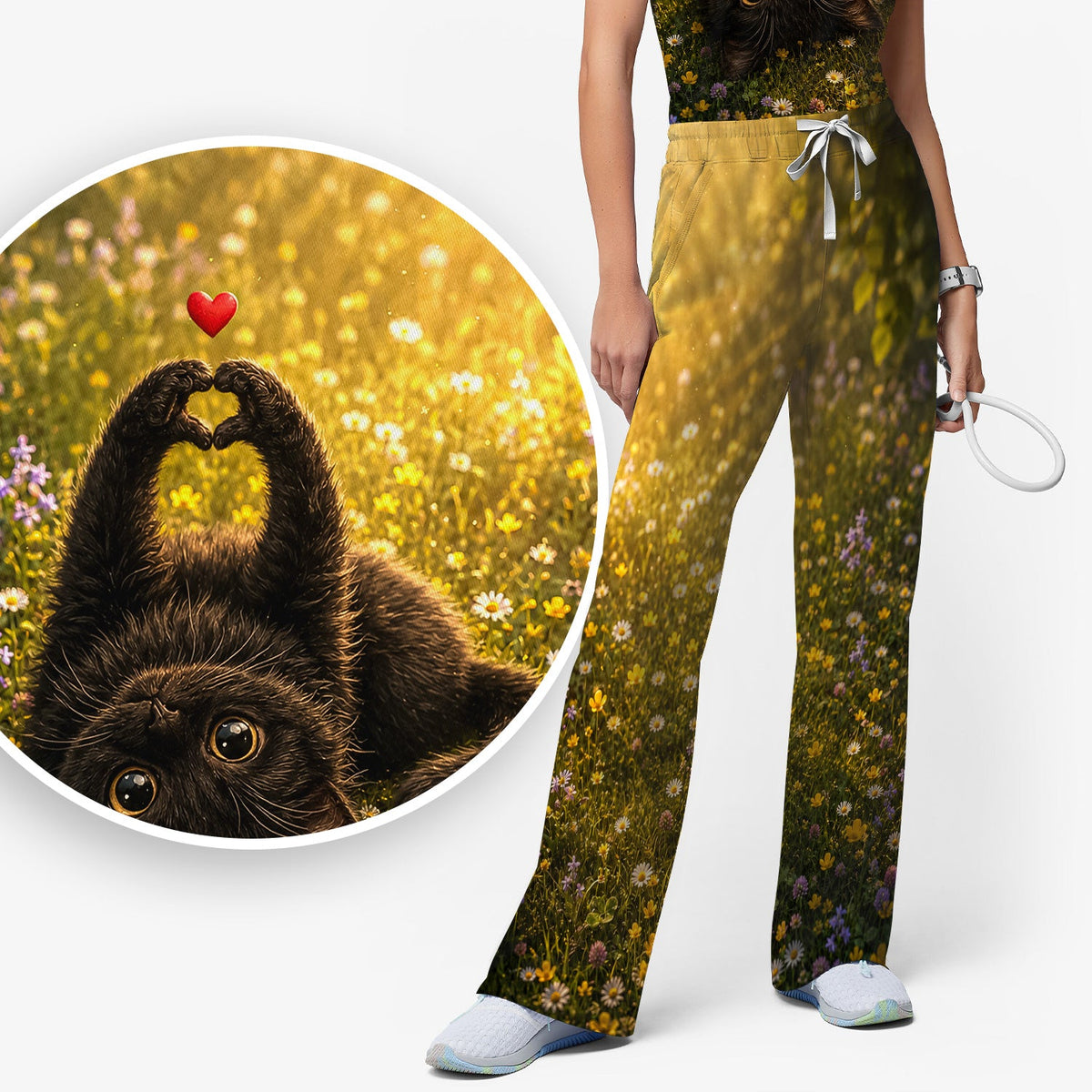 Upside Down Black Cat Meadow Nurse Scrub Set