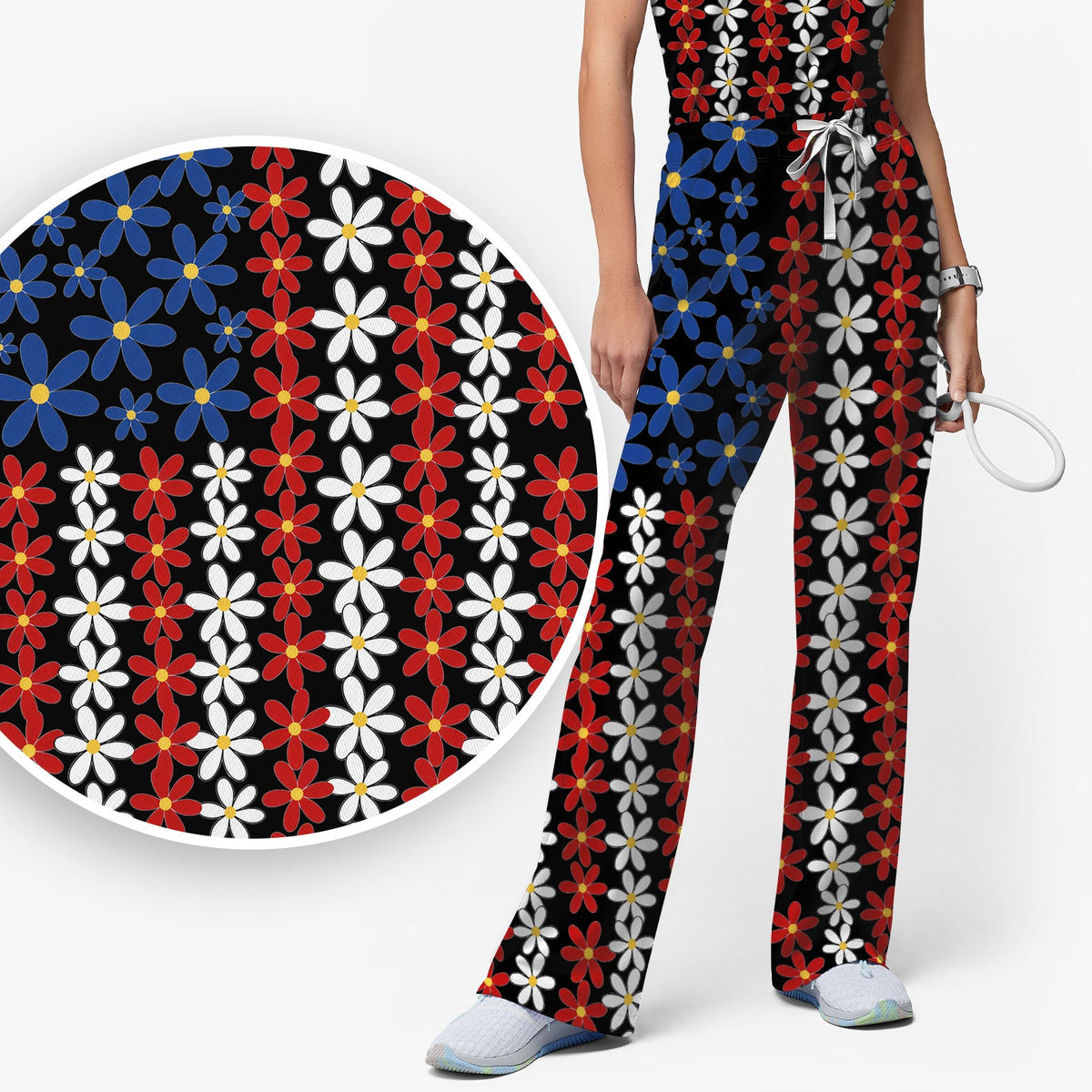 Retro Red Blue Daisy Nurse Scrub Set