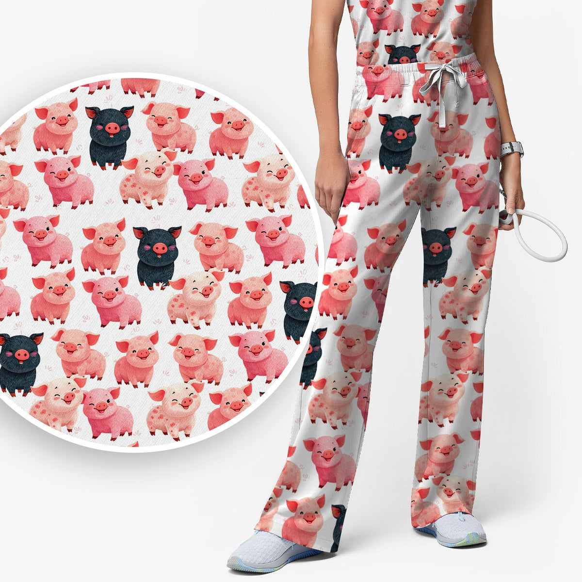 Funny Farm Pig Cartoon Pattern Scrub Set, Nurse Uniform Scrubs Set