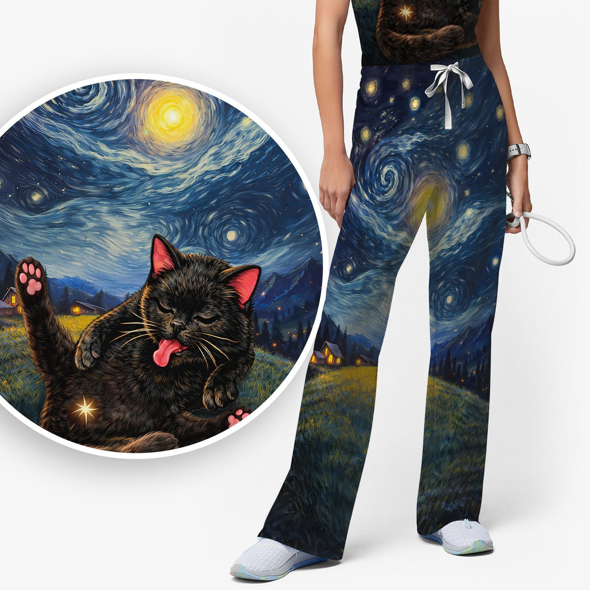 Black Cat Cosmic Night Sky Nurse Scrub Set