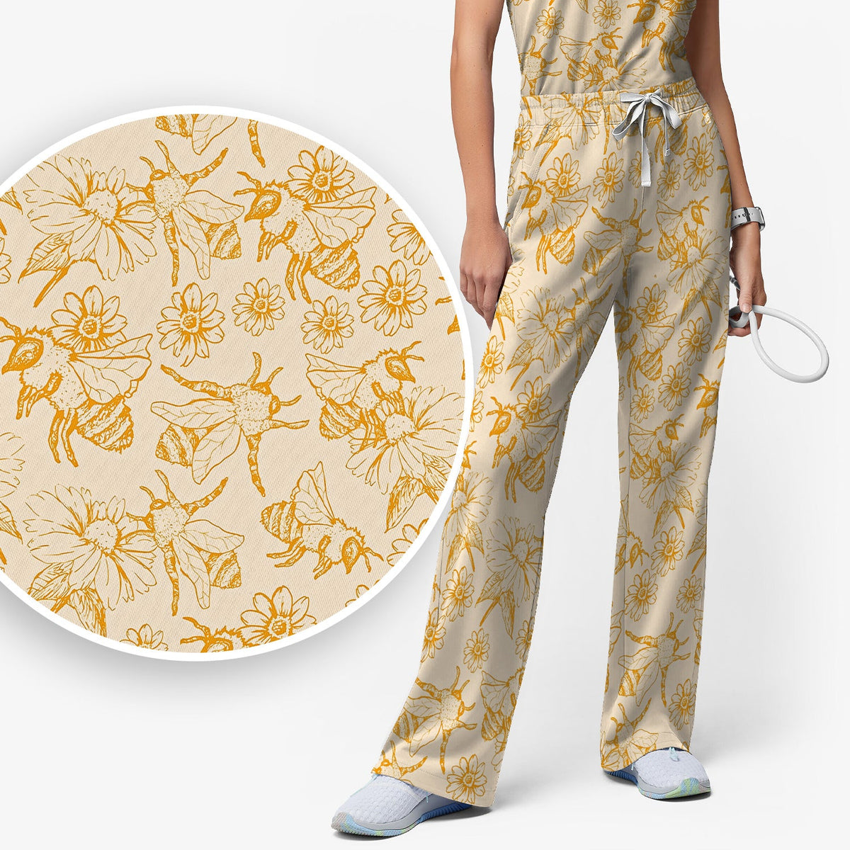Honey Bee Flower Sketch Nurse Scrub Set