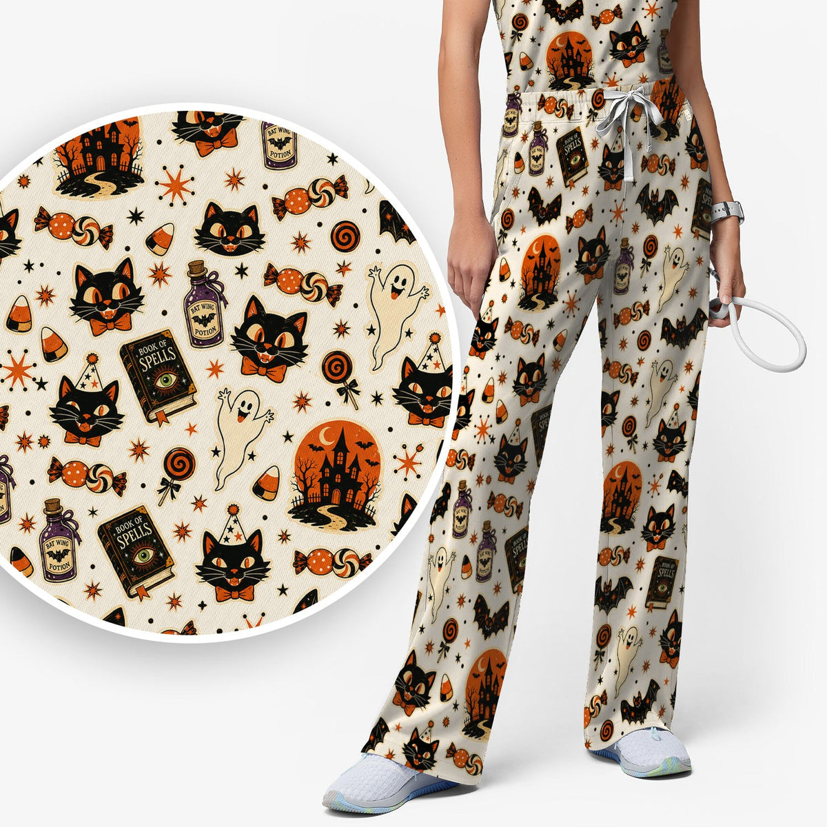 Black Cat Ghost Candy Nurse Scrub Set - Halloween Gift