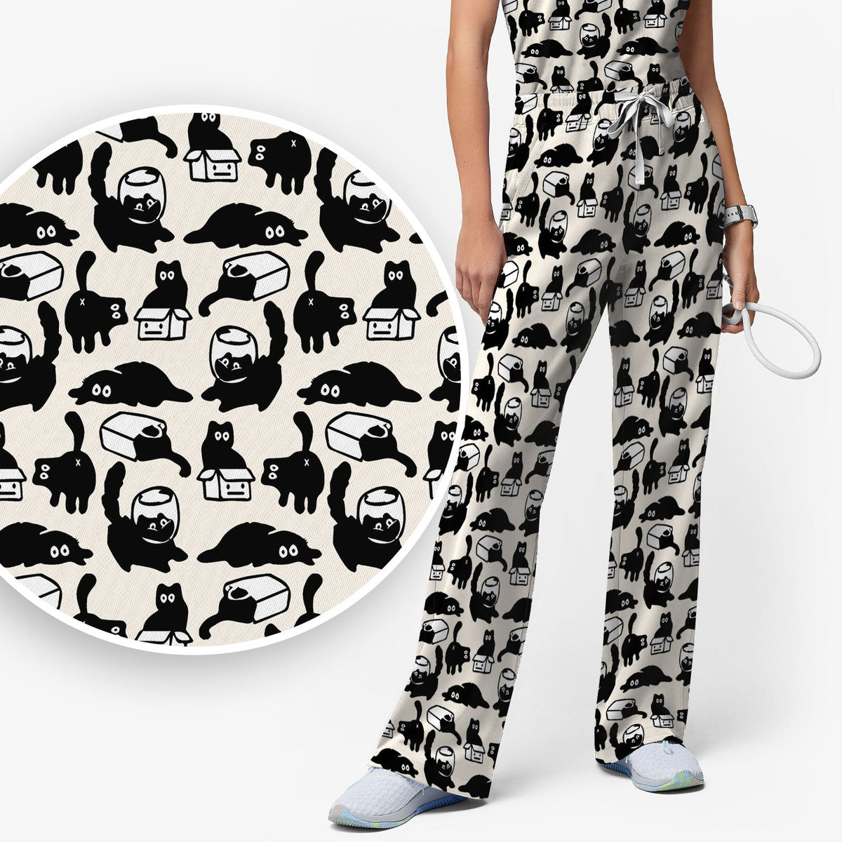 Dark Playful Cat Cartoon Pattern Scrub Set, Breathable Med Uniform