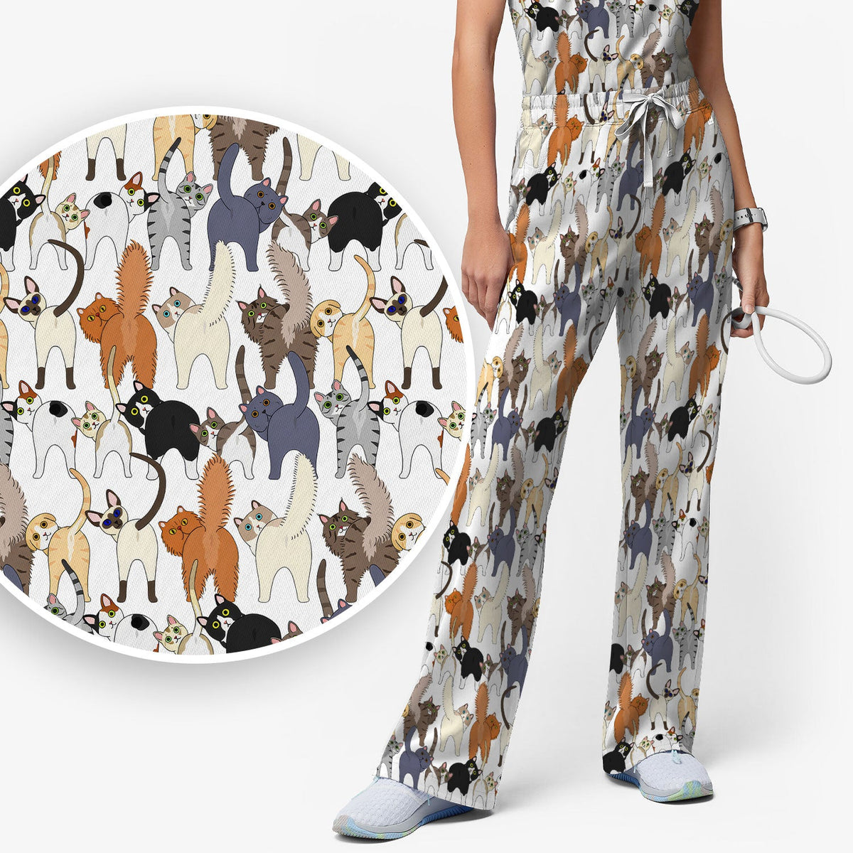 Whimsical Multicolor Cat Cartoon Nurse Scrub Set