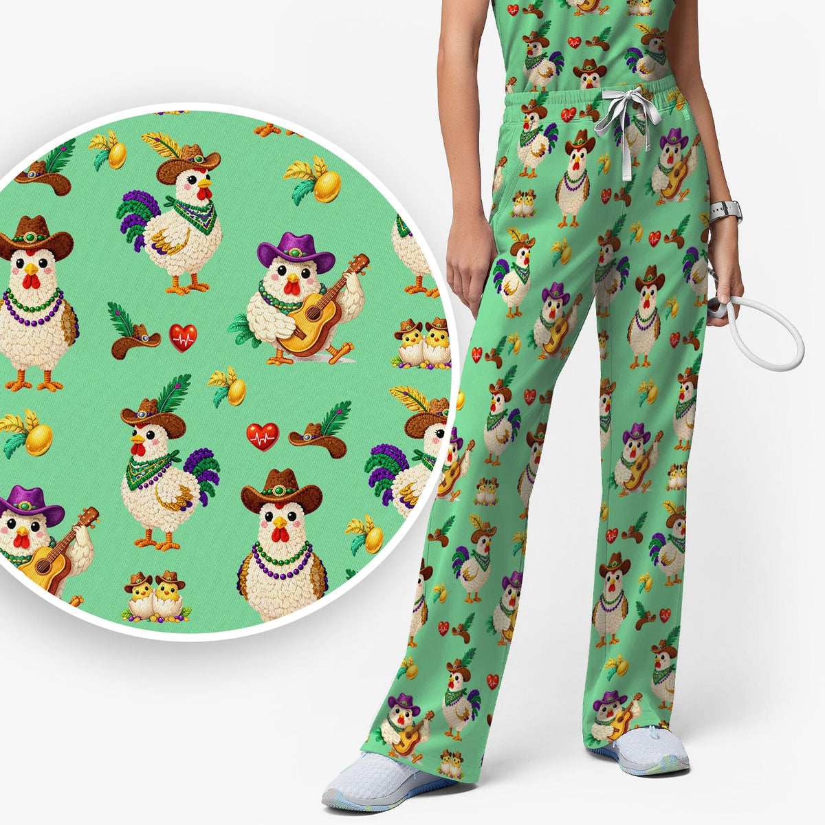 Mardi Gras Rooster Cowboy Nurse Scrub Set