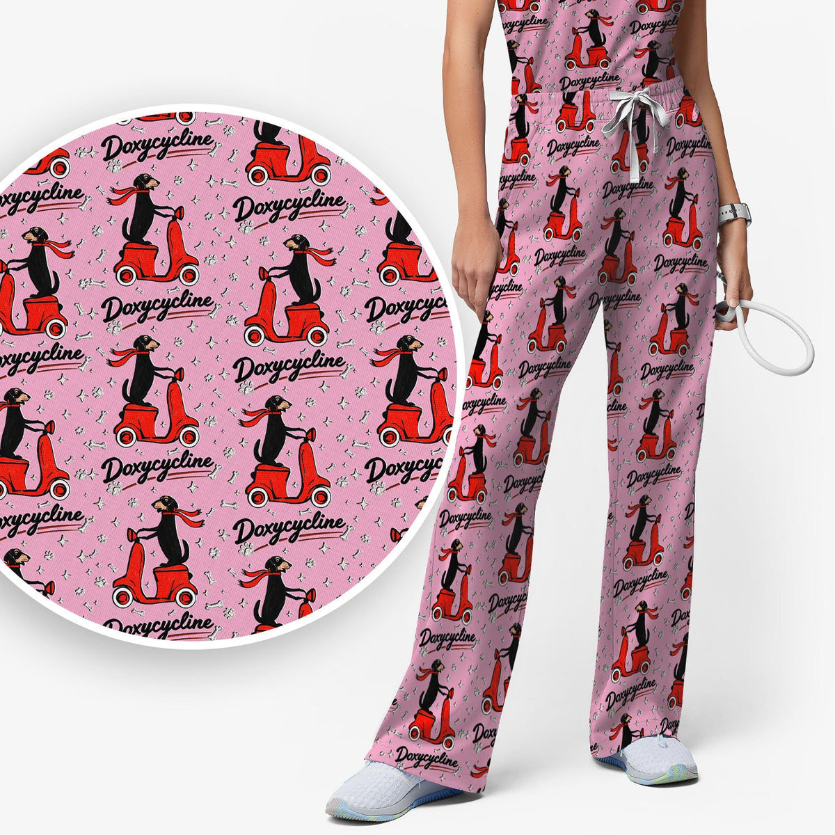 Dachshund Riding Scooter Nurse Scrub Set