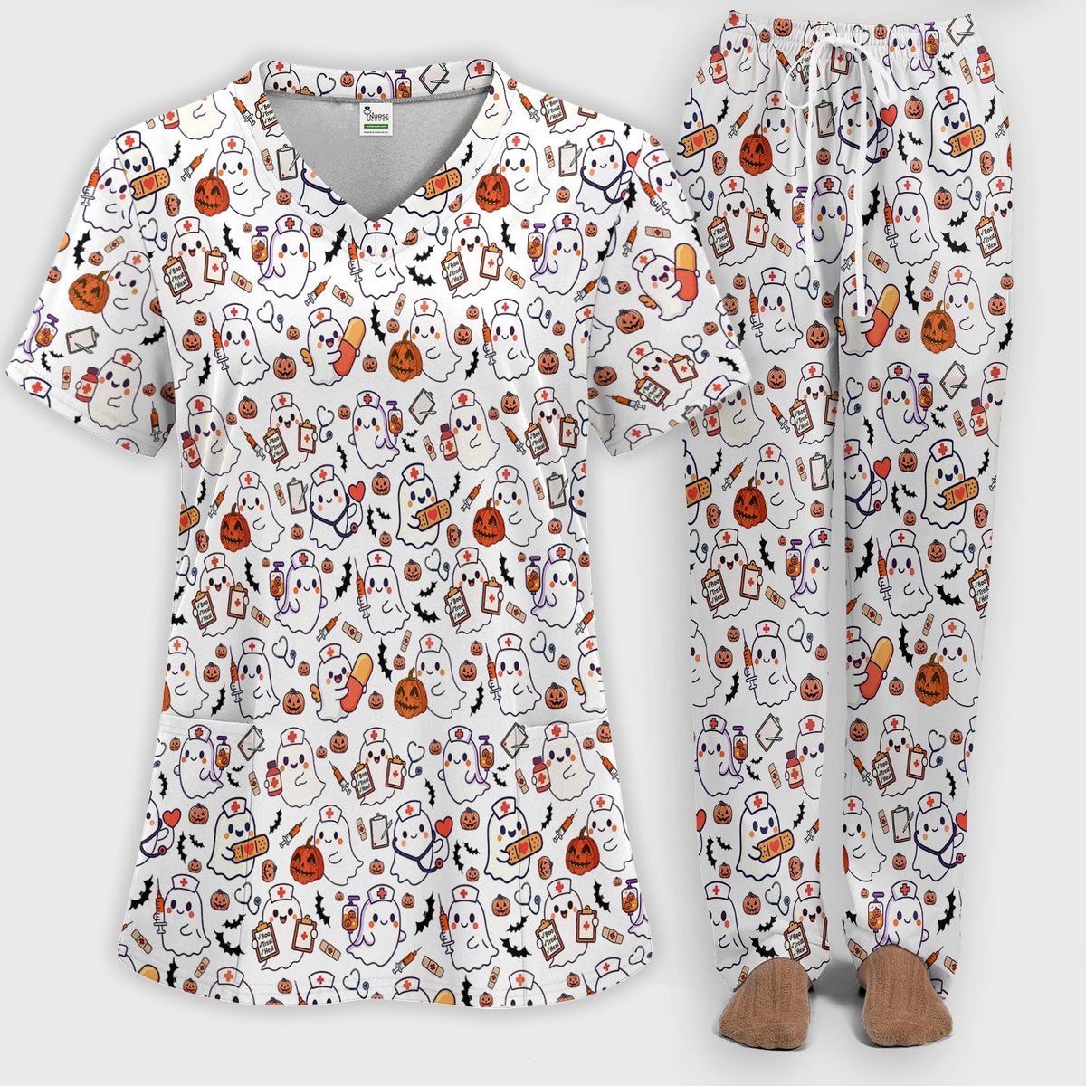 Pumpkin Ghost Nurse Scrub Set - Halloween Gift