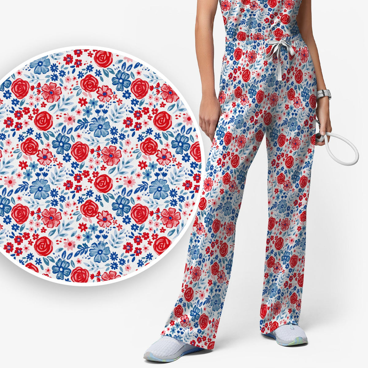 Red Blue Floral Garden Blossom Nurse Scrub Set